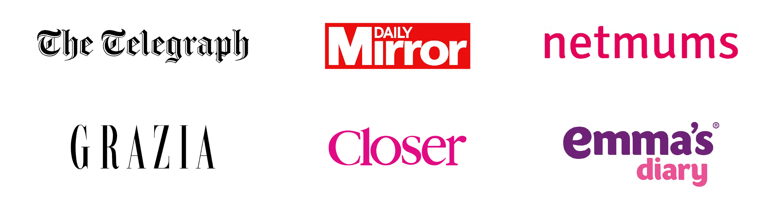 Logos of the telegraph, daily mirror, net mums, grazia, closer magazine and emmas diary. All who featured zello in their publications. 